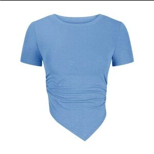 OQQ Blue Ribbed Asymmetrical T Shirt NWOT Medium